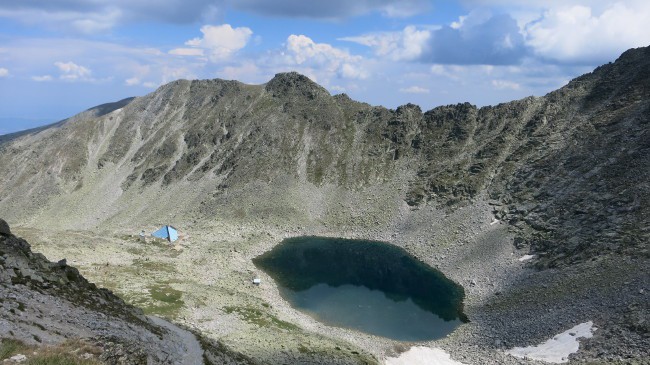 Ledenoto Ezero Hut and the Icy Lake, seen from Musala